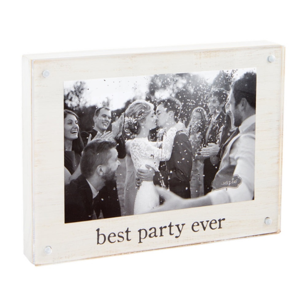 Mud Pie White Distressed "Best Party Ever" Wedding Acrylic Wooden 4x6 Frame
